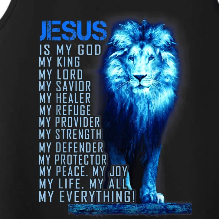 Jesus Is My God King My Lord My Savior Blue Lion Christian Performance Tank