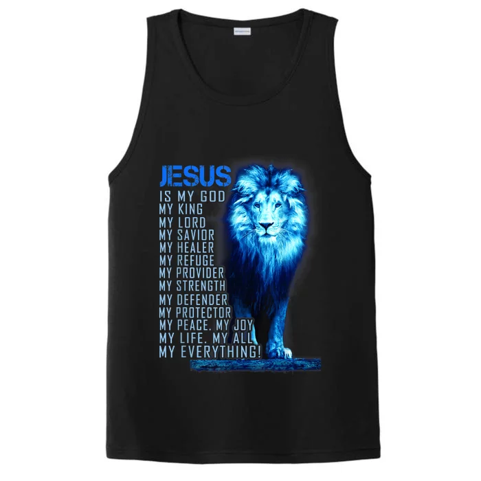 Jesus Is My God King My Lord My Savior Blue Lion Christian Performance Tank