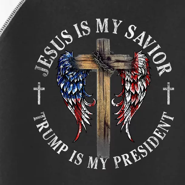 Jesus Is My Savior Trump Is My President 2024 Usa Flag Cross Toddler Fine Jersey T-Shirt