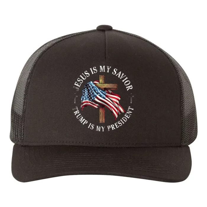 Jesus Is My Savior Trump Is My President American Flag Yupoong Adult 5-Panel Trucker Hat