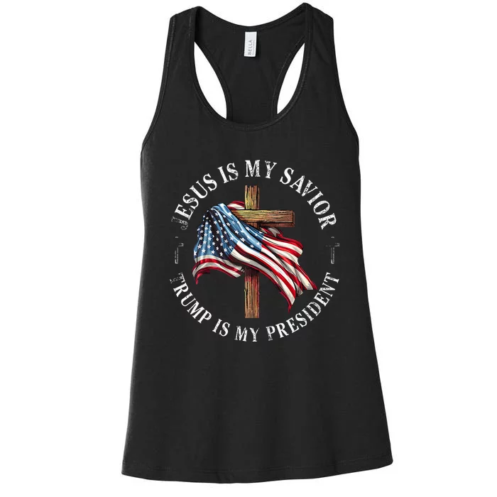 Jesus Is My Savior Trump Is My President American Flag Women's Racerback Tank