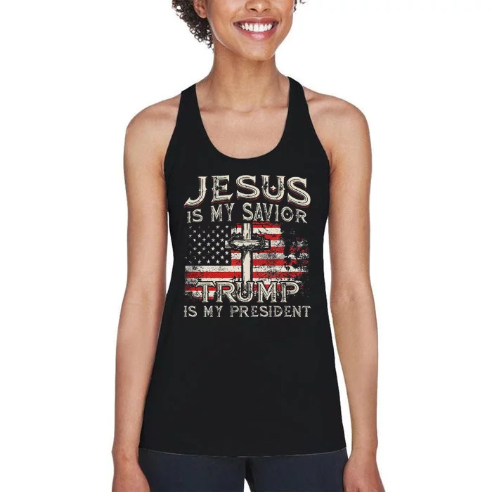 Jesus Is My Savior Trump Is My President American Flag Women's Racerback Tank