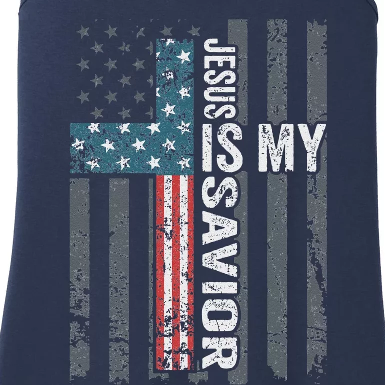 Jesus Is My Savior Patriotic Christian Faith Cross ON BACK Ladies Essential Tank