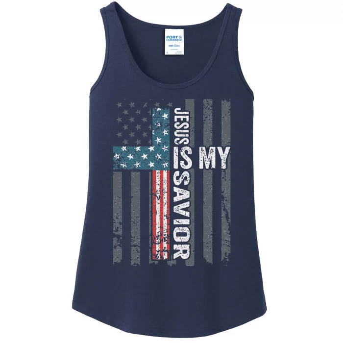 Jesus Is My Savior Patriotic Christian Faith Cross ON BACK Ladies Essential Tank