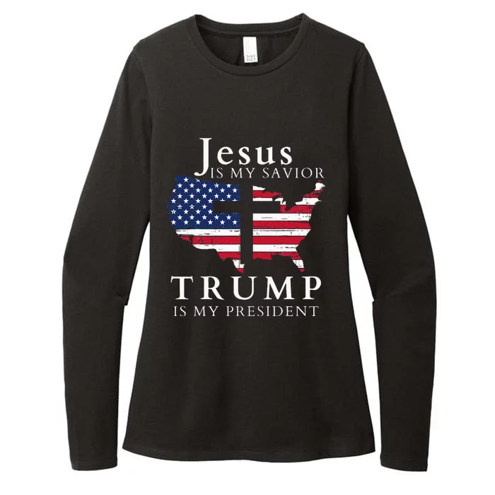 Jesus Is My Savior Trump Is My President Usa Flag And Cross Womens CVC Long Sleeve Shirt