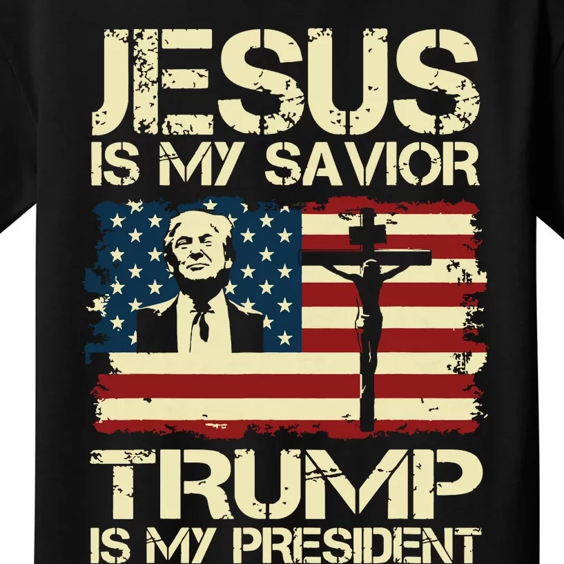 Jesus Is My Savior Trump Is My President Trump 2024 Usa Flag Kids T-Shirt