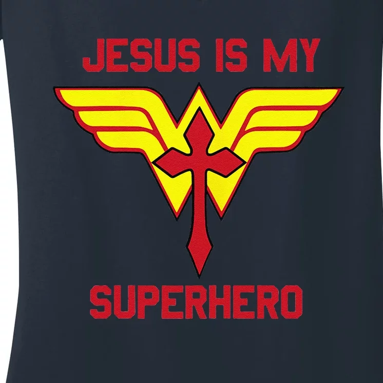 Jesus Is My Superhero Christian Vacation Bible School Design Women's V-Neck T-Shirt