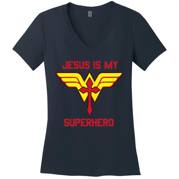 Jesus Is My Superhero Christian Vacation Bible School Design Women's V-Neck T-Shirt