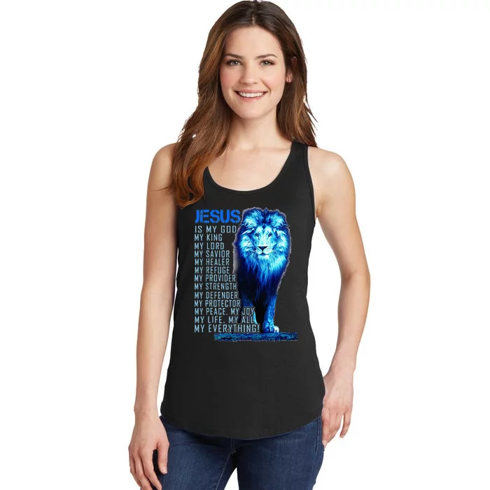 Jesus Is My God King My Lord My Savior Blue Lion Christian Ladies Essential Tank