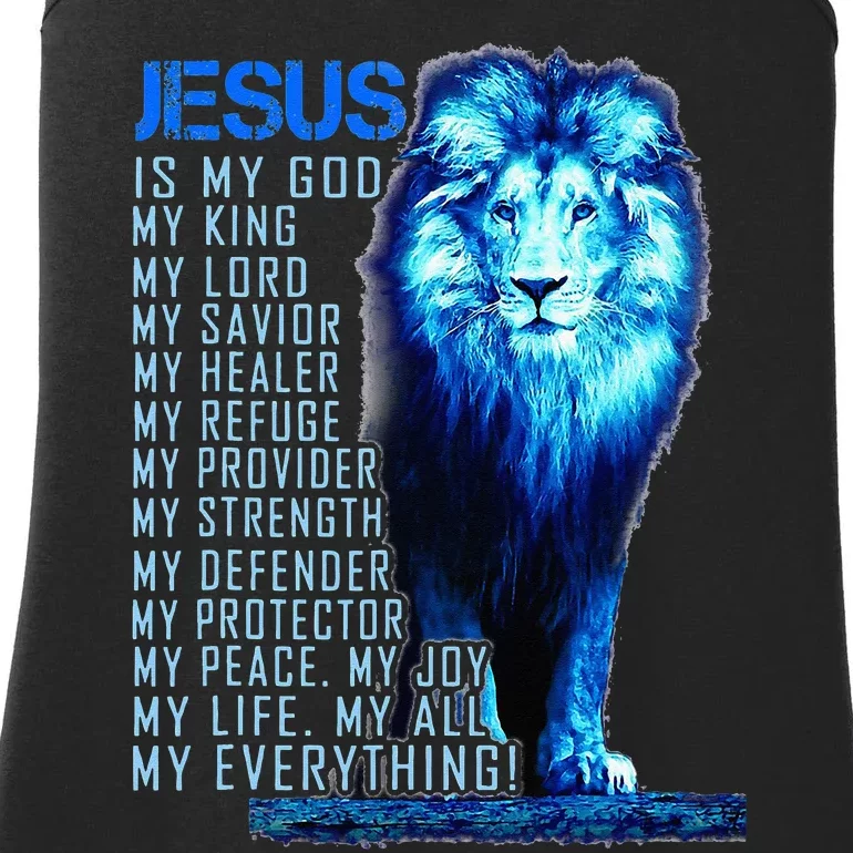 Jesus Is My God King My Lord My Savior Blue Lion Christian Ladies Essential Tank