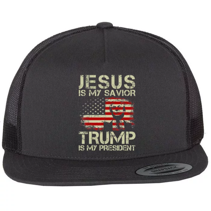 Jesus Is My Savior Trump Is My President Trump 2024 USA Flag Flat Bill Trucker Hat