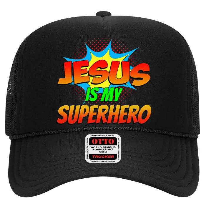 Jesus Is My Superhero Comic Book Christian Religious Easter High Crown Mesh Trucker Hat