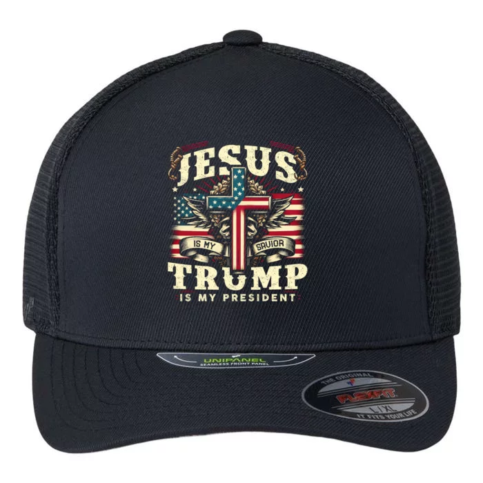 Jesus Is My Savior Donald Trump Is My President Usa Christian Flag Flexfit Unipanel Trucker Cap