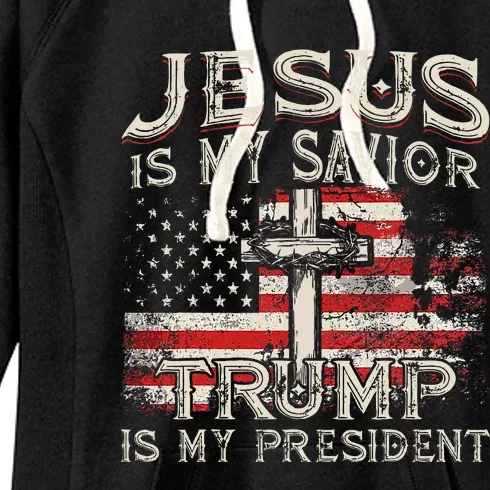 Jesus Is My Savior Trump Is My President American Flag Women's Fleece Hoodie