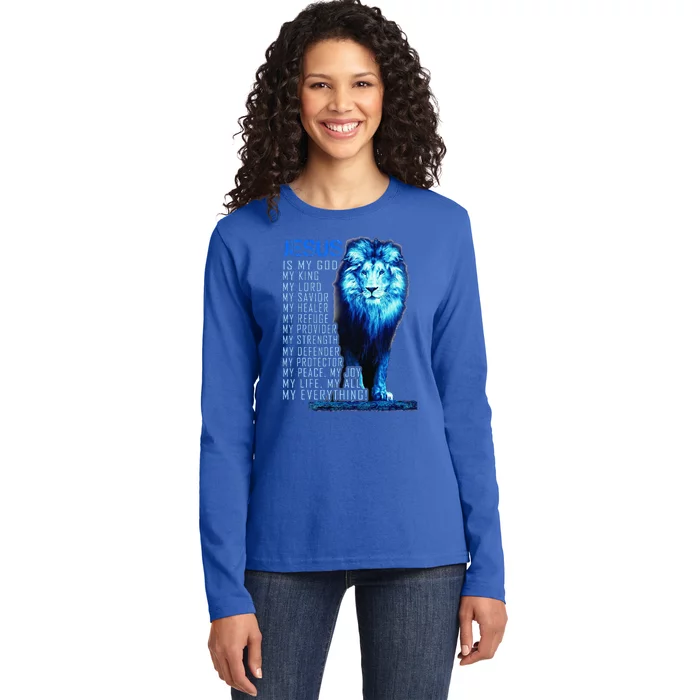 Jesus Is My God King My Lord My Savior Blue Lion Christian Ladies Long Sleeve Shirt