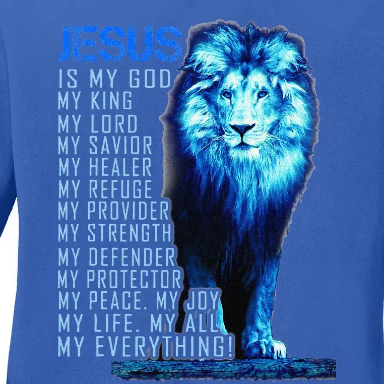 Jesus Is My God King My Lord My Savior Blue Lion Christian Ladies Long Sleeve Shirt