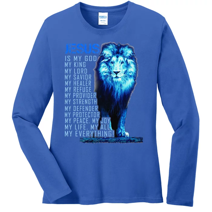 Jesus Is My God King My Lord My Savior Blue Lion Christian Ladies Long Sleeve Shirt