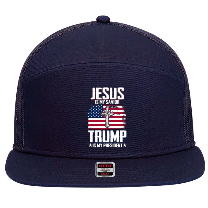 Jesus Is My Savior Trump Is My President Gift 7 Panel Mesh Trucker Snapback Hat