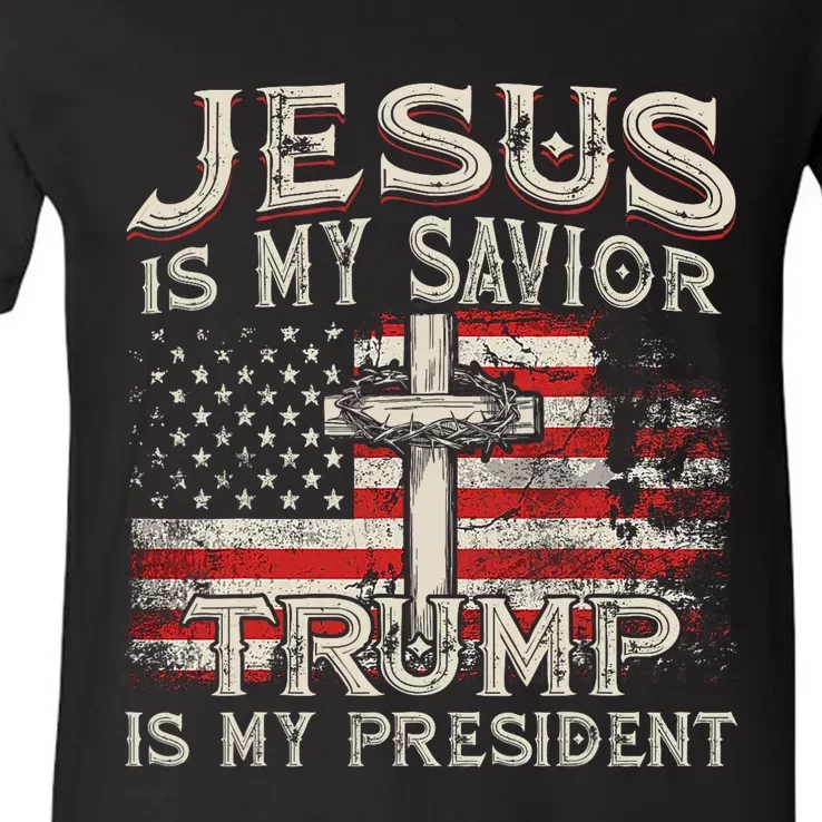 Jesus Is My Savior Trump Is My President American Flag V-Neck T-Shirt