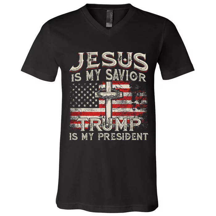 Jesus Is My Savior Trump Is My President American Flag V-Neck T-Shirt