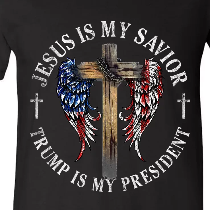 Jesus Is My Savior Trump Is My President 2024 Usa Flag Cross V-Neck T-Shirt