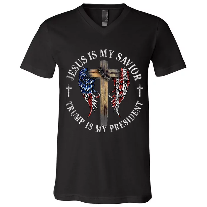 Jesus Is My Savior Trump Is My President 2024 Usa Flag Cross V-Neck T-Shirt