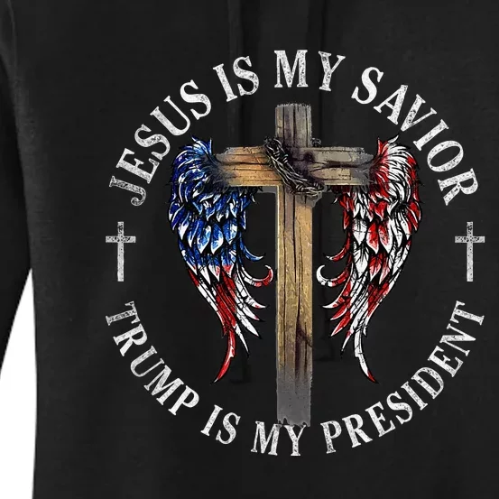 Jesus Is My Savior Trump Is My President 2024 Usa Flag Cross Women's Pullover Hoodie