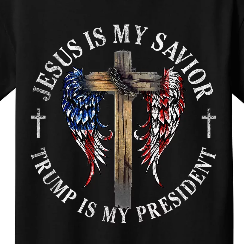 Jesus Is My Savior Trump Is My President 2024 Usa Flag Cross Kids T-Shirt