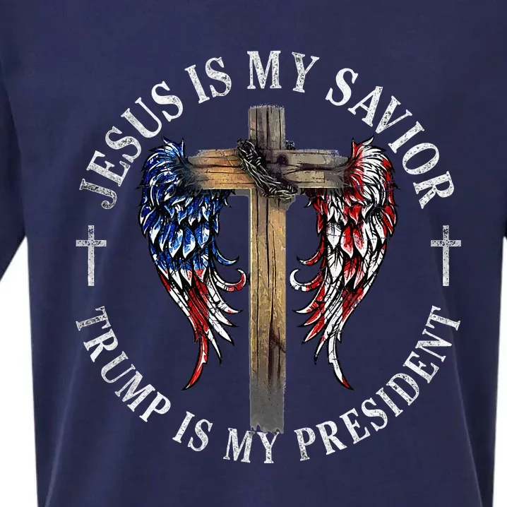 Jesus Is My Savior Trump Is My President 2024 Usa Flag Cross Sueded Cloud Jersey T-Shirt