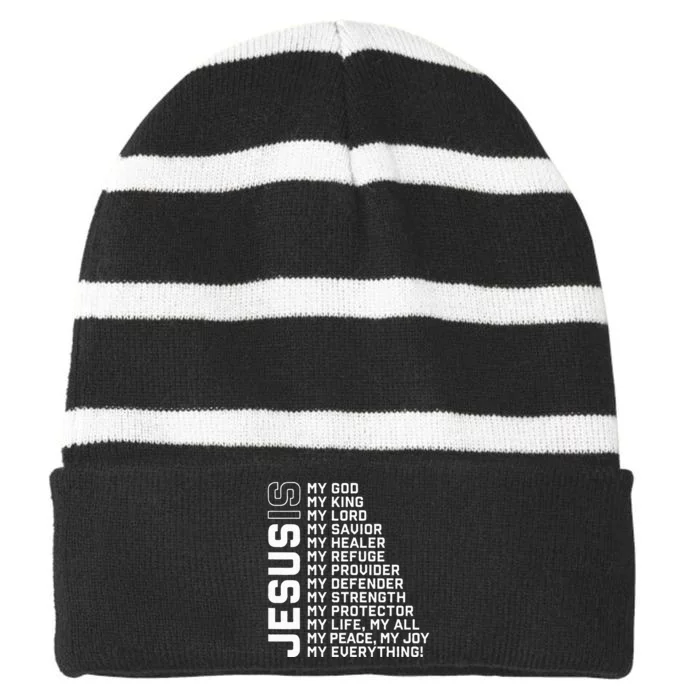 Jesus Is My God My King My Lord My Savior Christian Striped Beanie with Solid Band