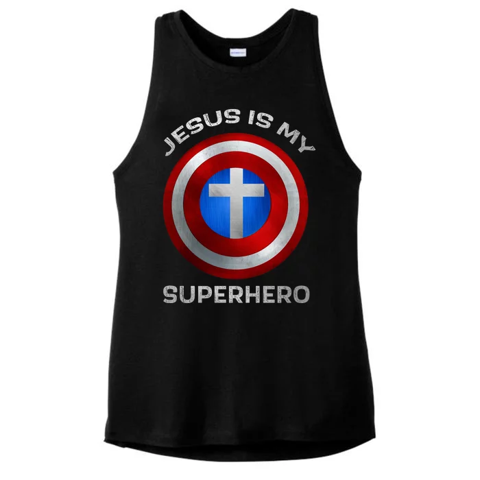 Jesus Is My Superhero Faith Shield Ladies Tri-Blend Wicking Tank