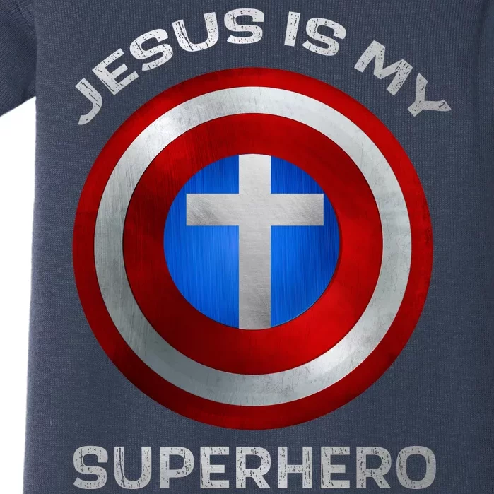 Jesus Is My Superhero Faith Shield Baby Bodysuit