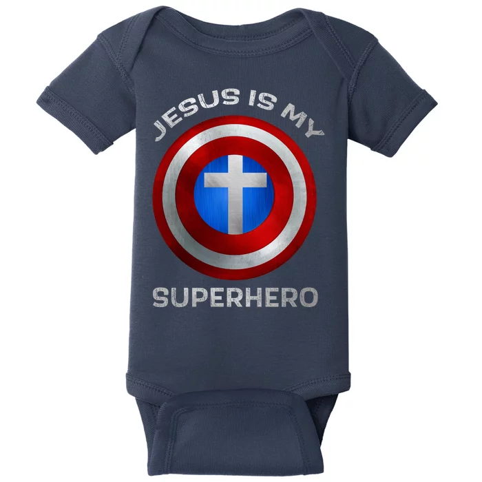 Jesus Is My Superhero Faith Shield Baby Bodysuit