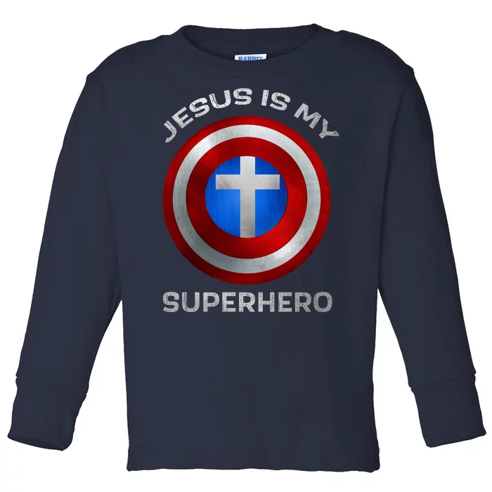 Jesus Is My Superhero Faith Shield Toddler Long Sleeve Shirt