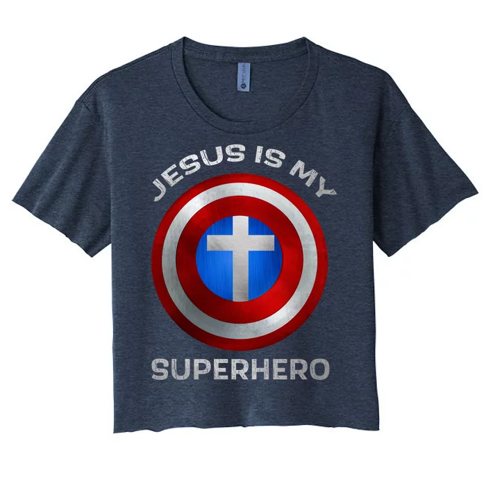 Jesus Is My Superhero Faith Shield Women's Crop Top Tee