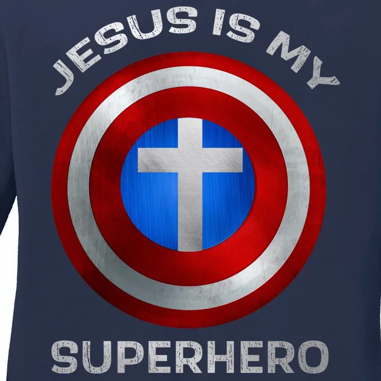 Jesus Is My Superhero Faith Shield Ladies Long Sleeve Shirt