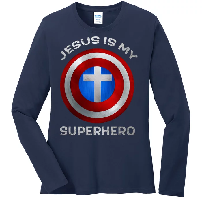 Jesus Is My Superhero Faith Shield Ladies Long Sleeve Shirt