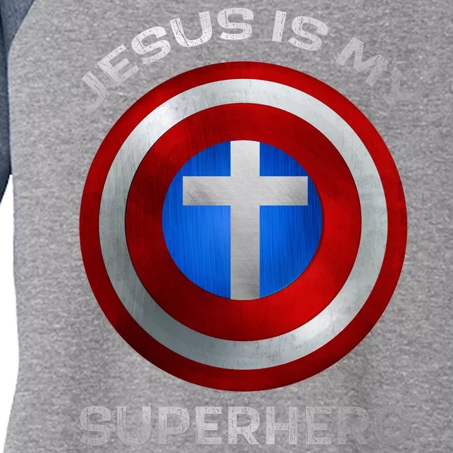 Jesus Is My Superhero Faith Shield Women's Tri-Blend 3/4-Sleeve Raglan Shirt