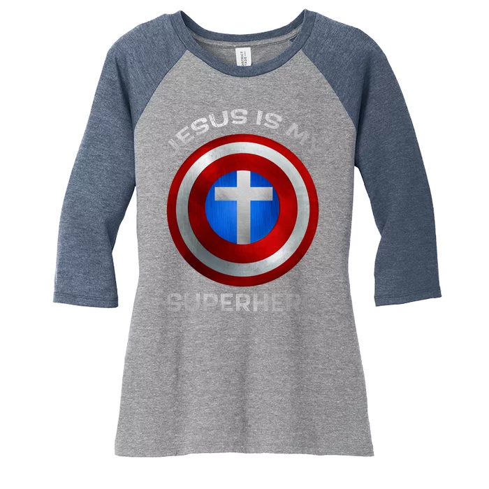 Jesus Is My Superhero Faith Shield Women's Tri-Blend 3/4-Sleeve Raglan Shirt