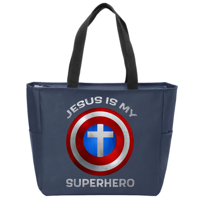 Jesus Is My Superhero Faith Shield Zip Tote Bag