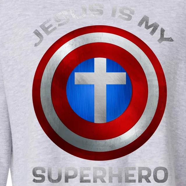 Jesus Is My Superhero Faith Shield Cropped Pullover Crew