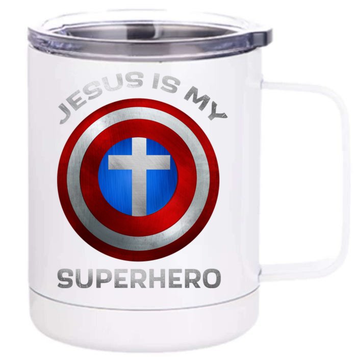 Jesus Is My Superhero Faith Shield Front & Back 12oz Stainless Steel Tumbler Cup