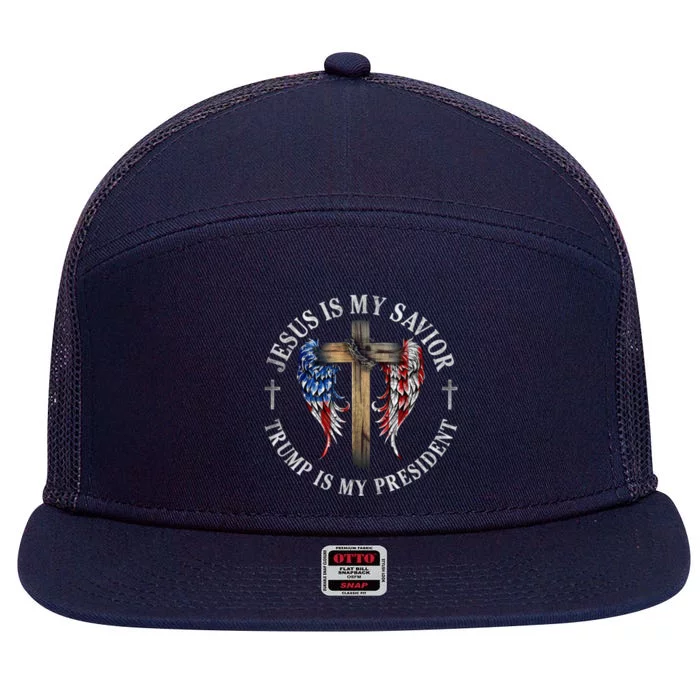 Jesus Is My Savior Trump Is My President 2024 Usa Flag Cross 7 Panel Mesh Trucker Snapback Hat