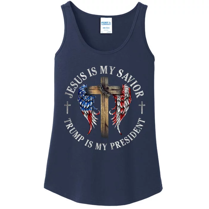 Jesus Is My Savior Trump Is My President 2024 Usa Flag Cross Ladies Essential Tank