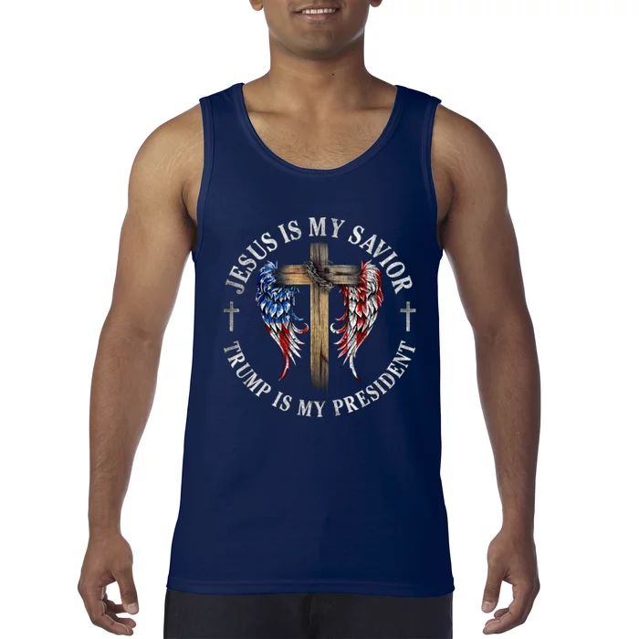 Jesus Is My Savior Trump Is My President 2024 Usa Flag Cross Tank Top