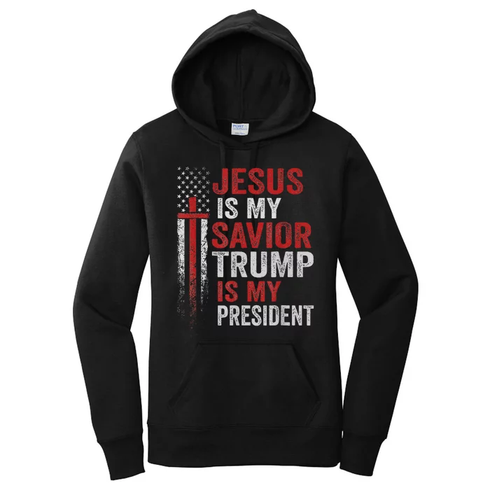 Jesus Is My Savior Trump Is My President American Flag Women's Pullover Hoodie