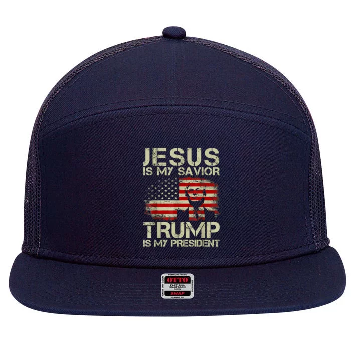 Jesus Is My Savior Trump Is My President Trump 2024 Usa Flag 7 Panel Mesh Trucker Snapback Hat