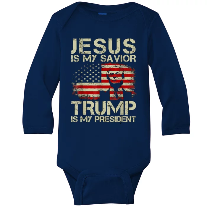 Jesus Is My Savior Trump Is My President Trump 2024 Usa Flag Baby Long Sleeve Bodysuit