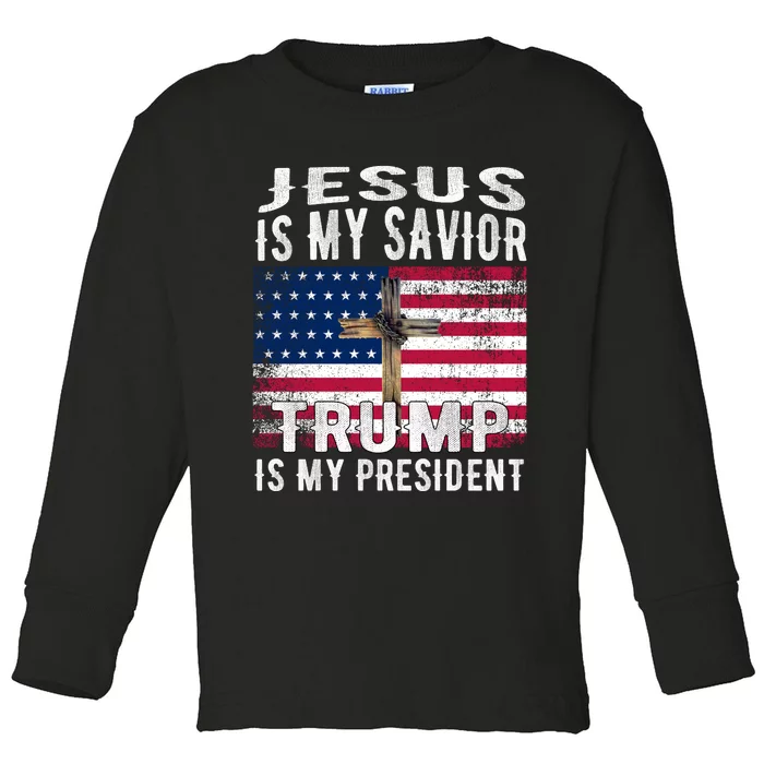 Jesus Is My Savior Trump Is My President American Flag Toddler Long Sleeve Shirt