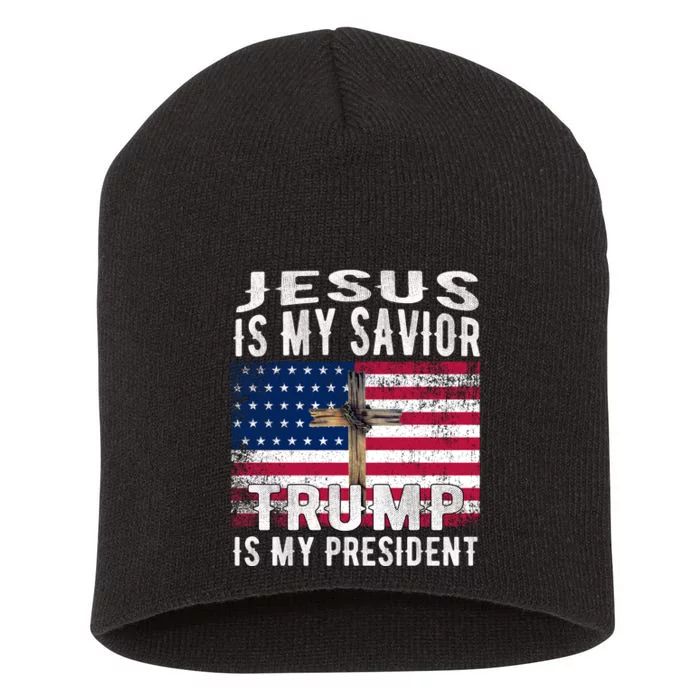 Jesus Is My Savior Trump Is My President American Flag Short Acrylic Beanie